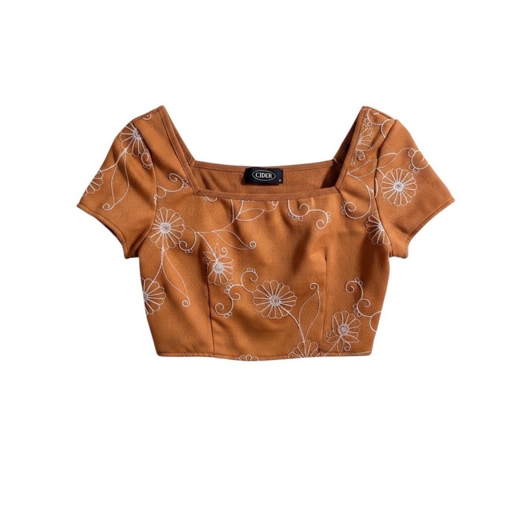 Cider Rust Orange Floral Embroidered Square Neck Crop Top Cottagecore boho Small